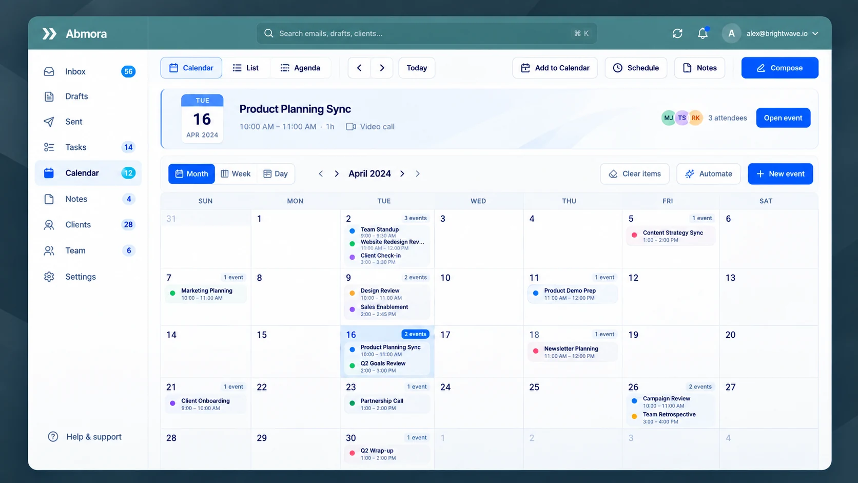 The Mora calendar in month view, with meetings and deadlines laid out across April