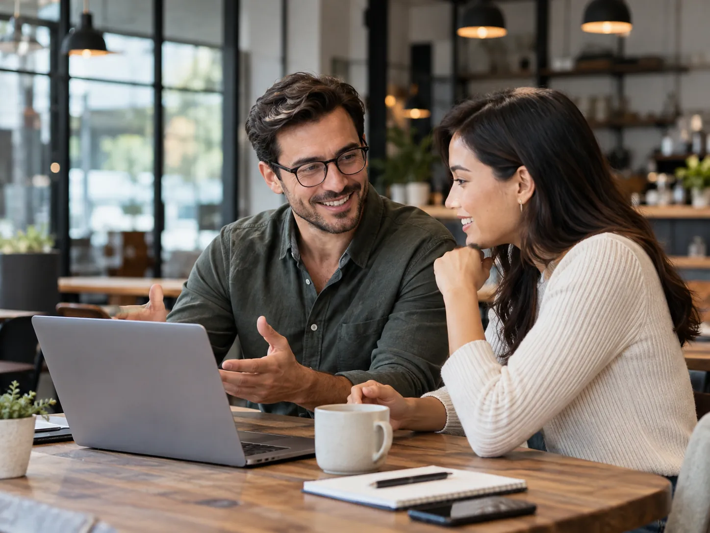 Two people talking through a project over a laptop in a café