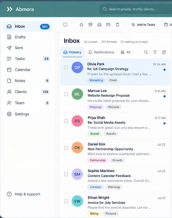 Incoming client emails in the Mora inbox, each summarized and tagged