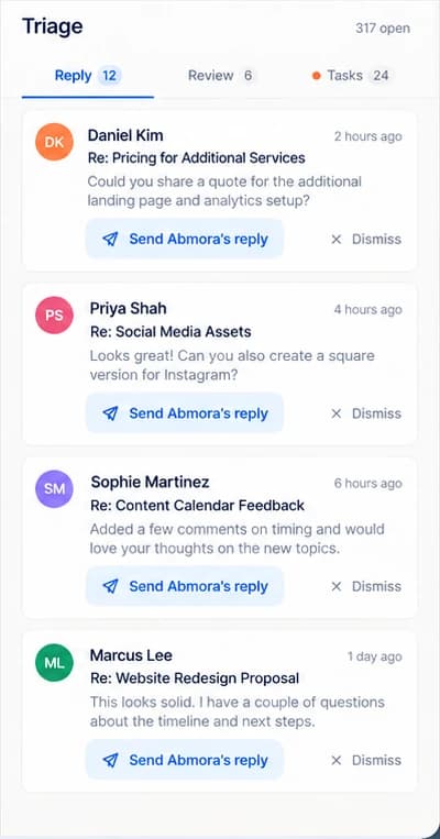 Mora's triage panel: each client email has a drafted reply waiting, with Send and Dismiss controls
