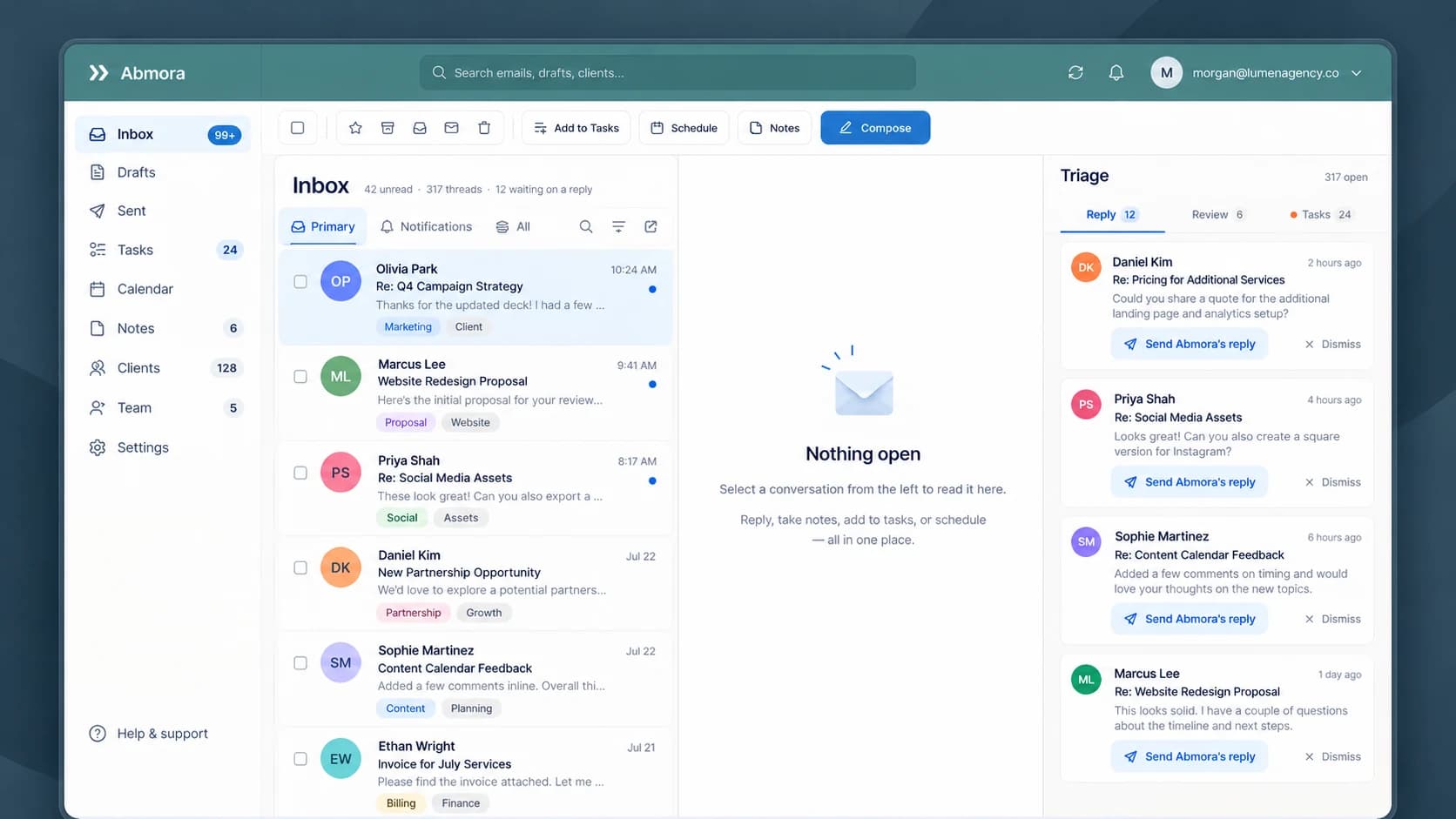 The Mora inbox: client emails tagged by type, with a triage panel of replies ready to send or dismiss