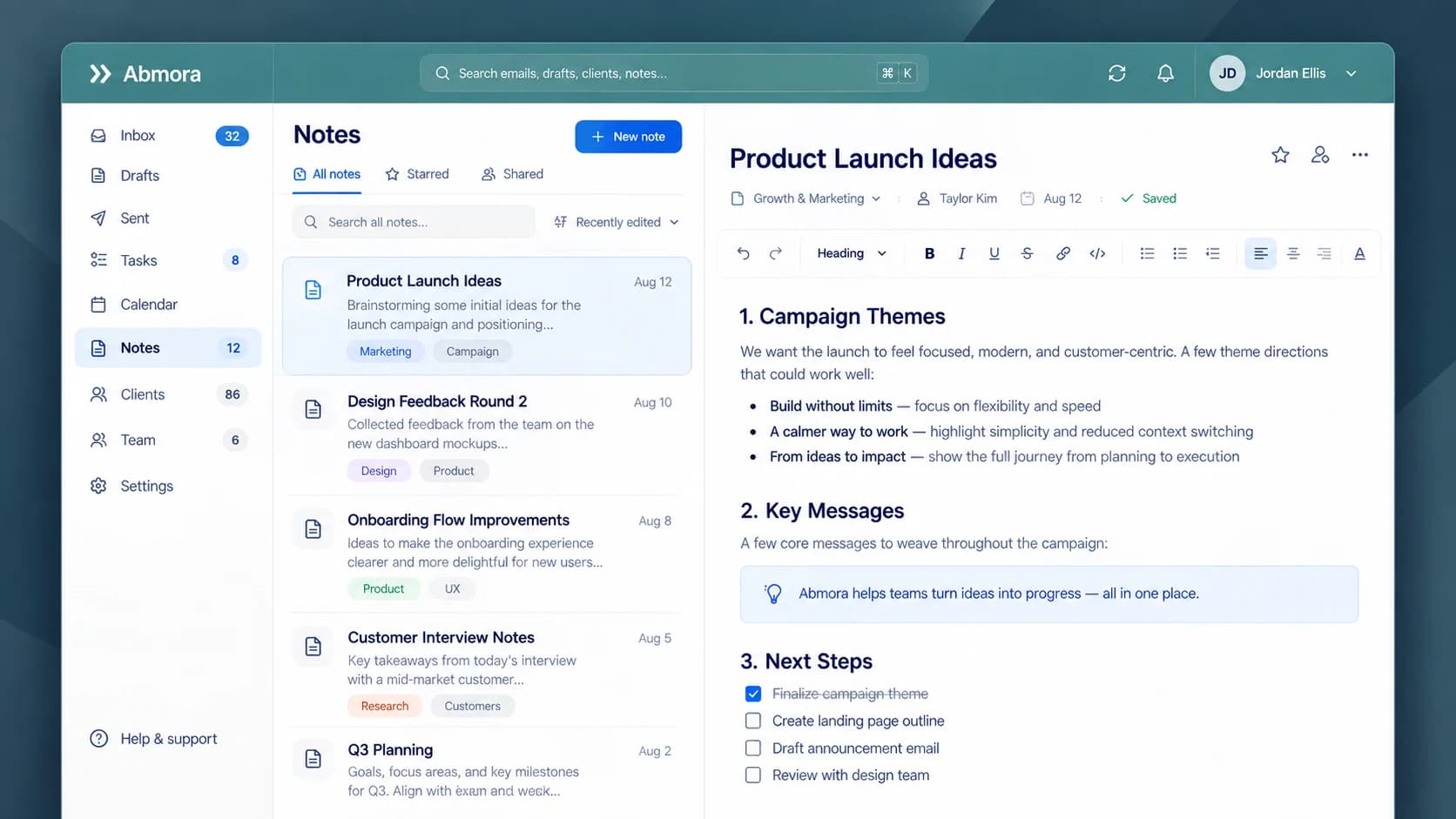 Mora notes: a list of tagged notes beside an open note with headings and a checklist